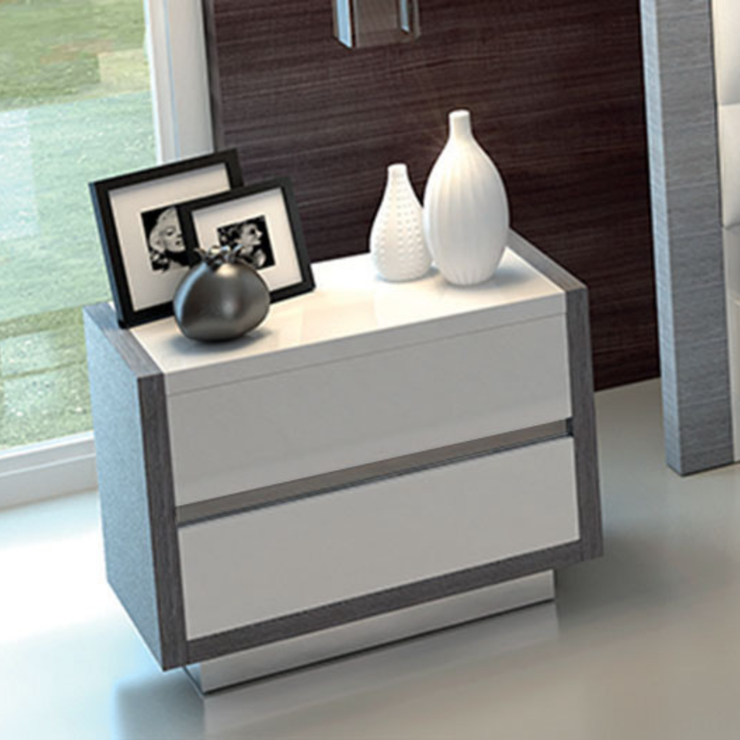 Modern High-Gloss White and Grey Queen Bedroom Set with Platform Bed and 3 Drawer Dresser with Mirror