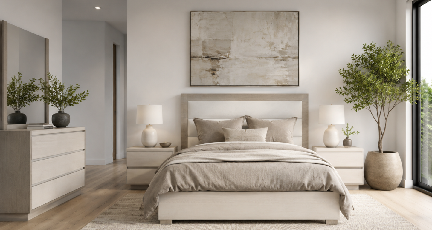 Modern High-Gloss White and Grey Queen Bed with Illuminated Upholstered Headboard and Complete Bedroom Set