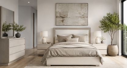 Modern High-Gloss White and Grey Queen Bed with Illuminated Upholstered Headboard and Complete Bedroom Set