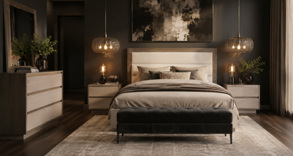 Modern High-Gloss White and Grey Queen Bed with Illuminated Upholstered Headboard and Complete Bedroom Set