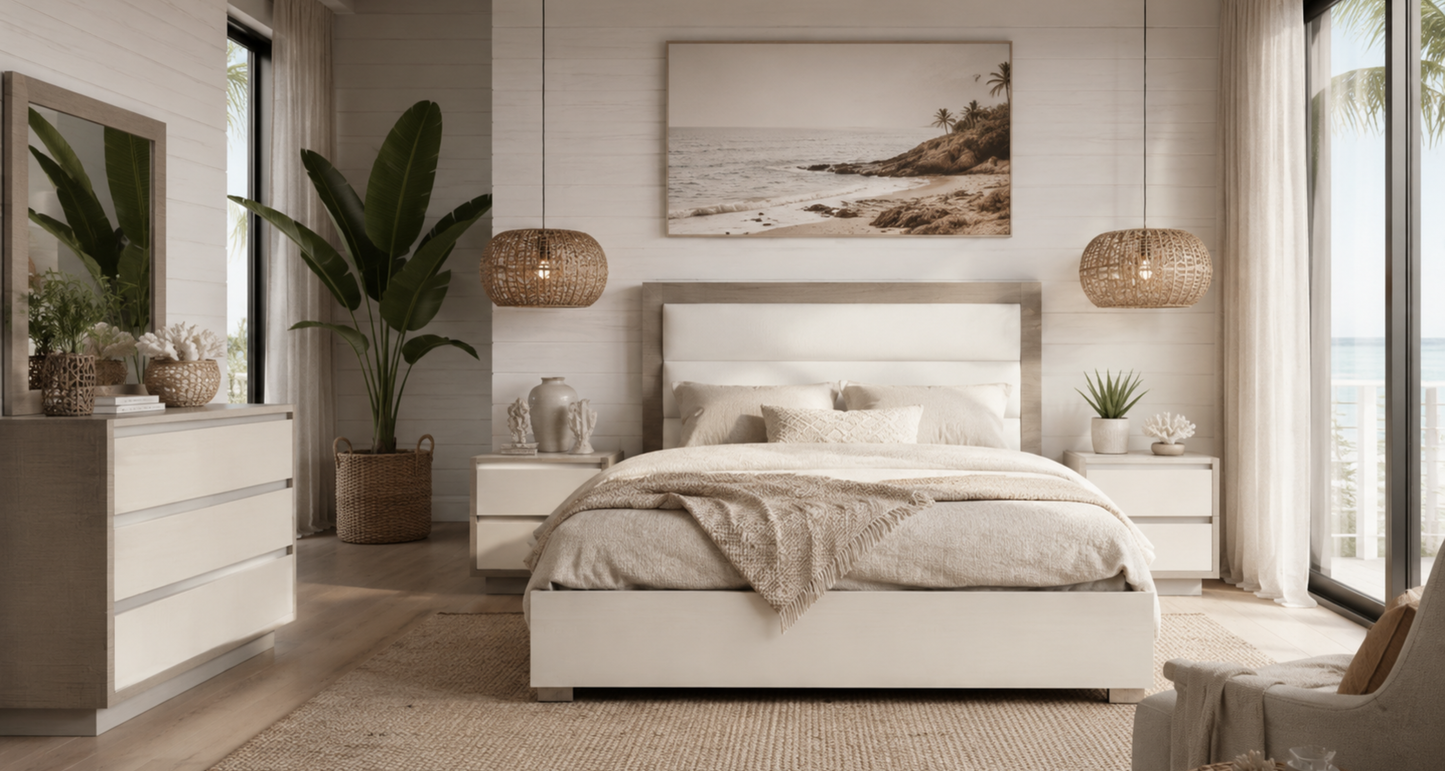 Modern High-Gloss White and Grey Queen Bed with Illuminated Upholstered Headboard and Complete Bedroom Set