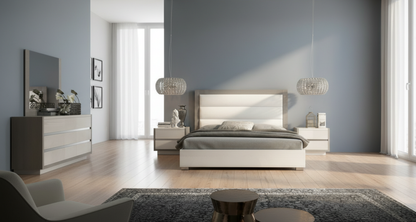 Modern High-Gloss White and Grey Queen Bed with Illuminated Upholstered Headboard and Complete Bedroom Set