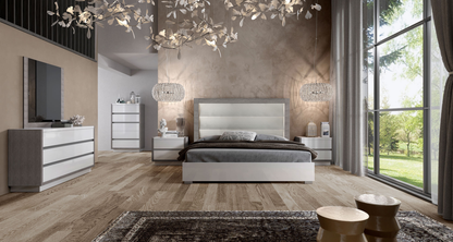 Modern High-Gloss White and Grey Queen Bed with Illuminated Upholstered Headboard and Complete Bedroom Set