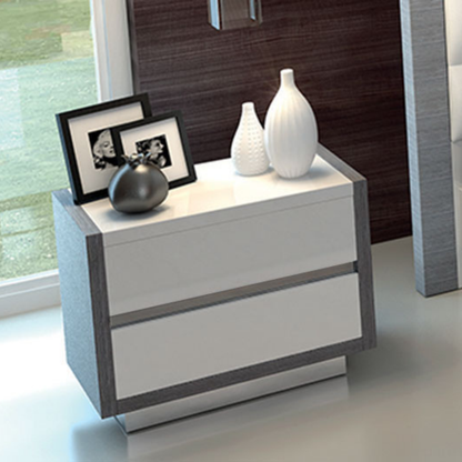 Modern High-Gloss White and Grey Queen Bed with Illuminated Upholstered Headboard and Complete Bedroom Set