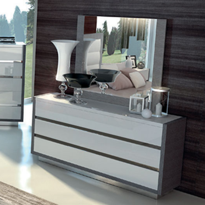 Modern High-Gloss White and Grey Queen Bed with Illuminated Upholstered Headboard and Complete Bedroom Set