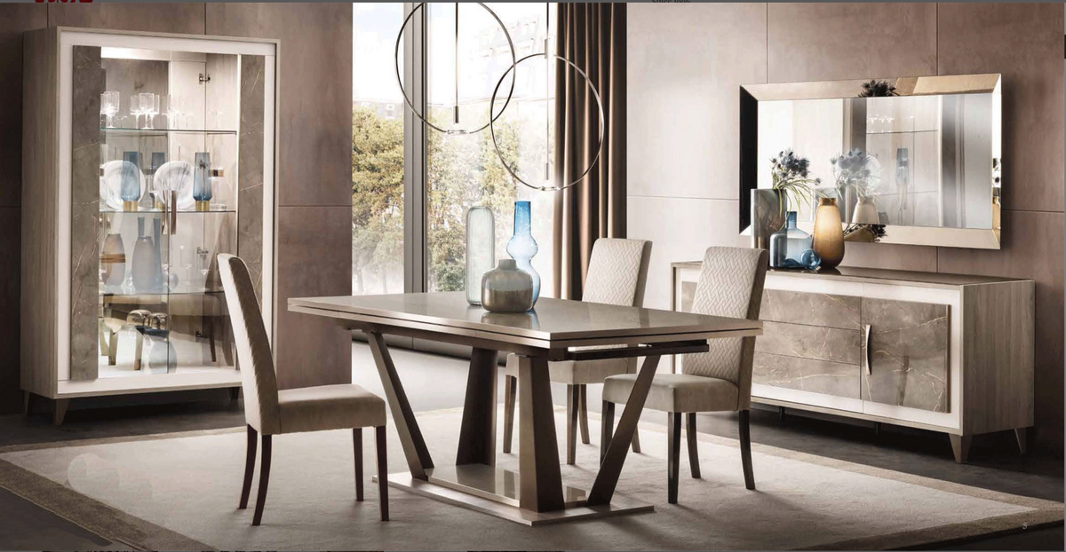 Sleek Glossy Taupe Dining Table with Extension Leaf and Upholstered Chairs