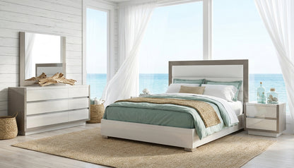 Modern White and Brownish-Grey Queen Bedroom Set with High-Gloss Finish and Upholstered Headboard