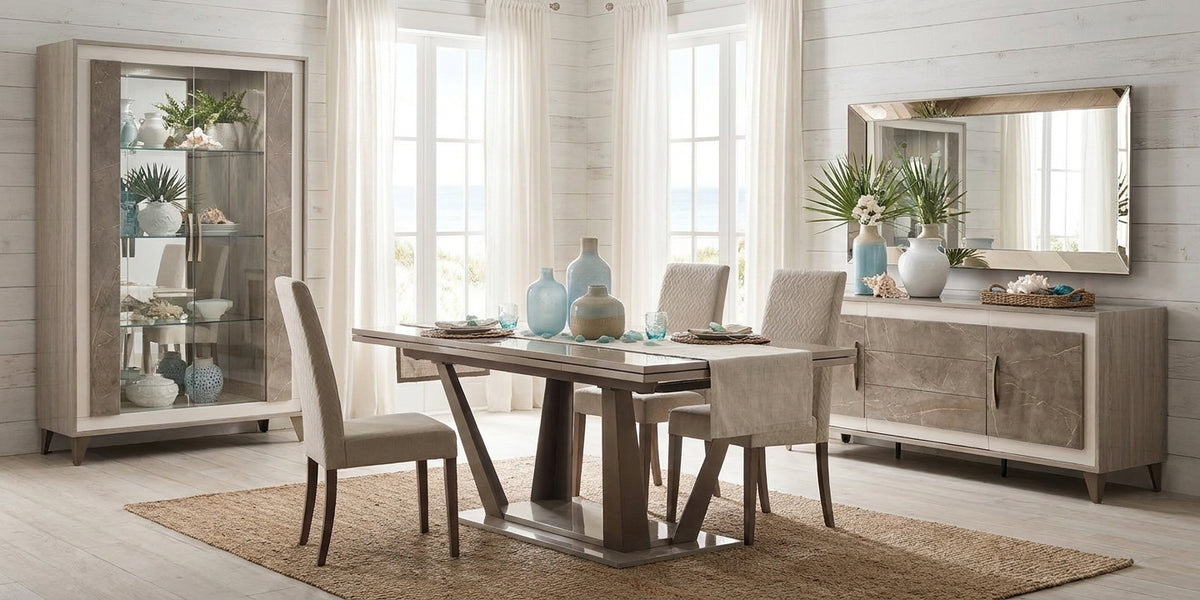 Sleek Glossy Taupe Dining Table with Extension Leaf and Upholstered Chairs
