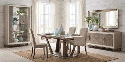 Sleek Glossy Taupe Dining Table with Extension Leaf and Upholstered Chairs