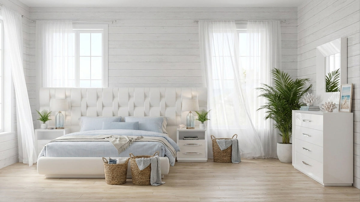 Modern White High-Gloss Queen Bedroom Set with Upholstered Bed Frame and Double Dresser