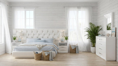 Modern White High-Gloss Queen Bedroom Set with Upholstered Bed Frame and Double Dresser