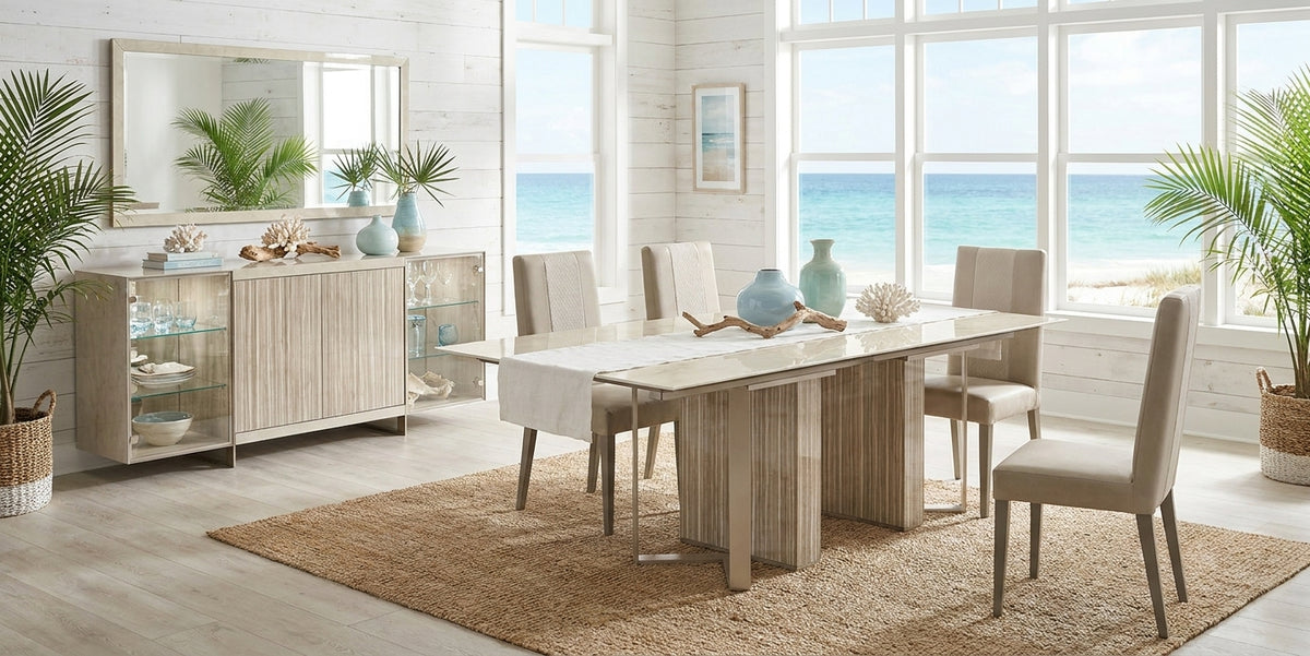 Sleek Ivory Marble-Look Dining Table with Extension Leaf and Matching Buffet
