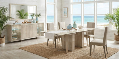 Sleek Ivory Marble-Look Dining Table with Extension Leaf and Matching Buffet