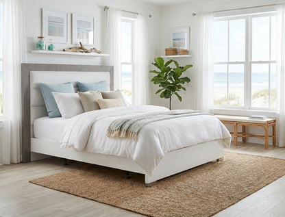 Modern White and Grey Queen Bed with Upholstered Headboard and Wooden Slats Frame