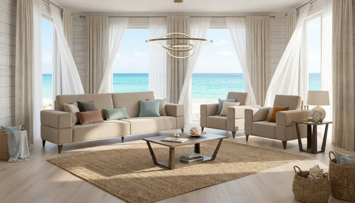 Classic Beige Velvet Sofa and Armchair Set with Wood Coffee Table and Lamp Table