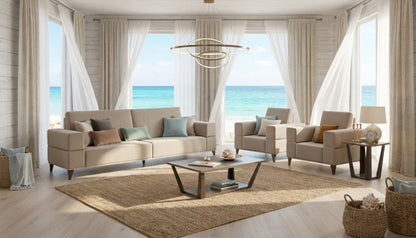 Classic Beige Velvet Sofa and Armchair Set with Wood Coffee Table and Lamp Table