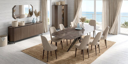 Contemporary Gold Marble Dining Table with Upholstered Chairs and Matching Buffet, Mirror, and Cabinet