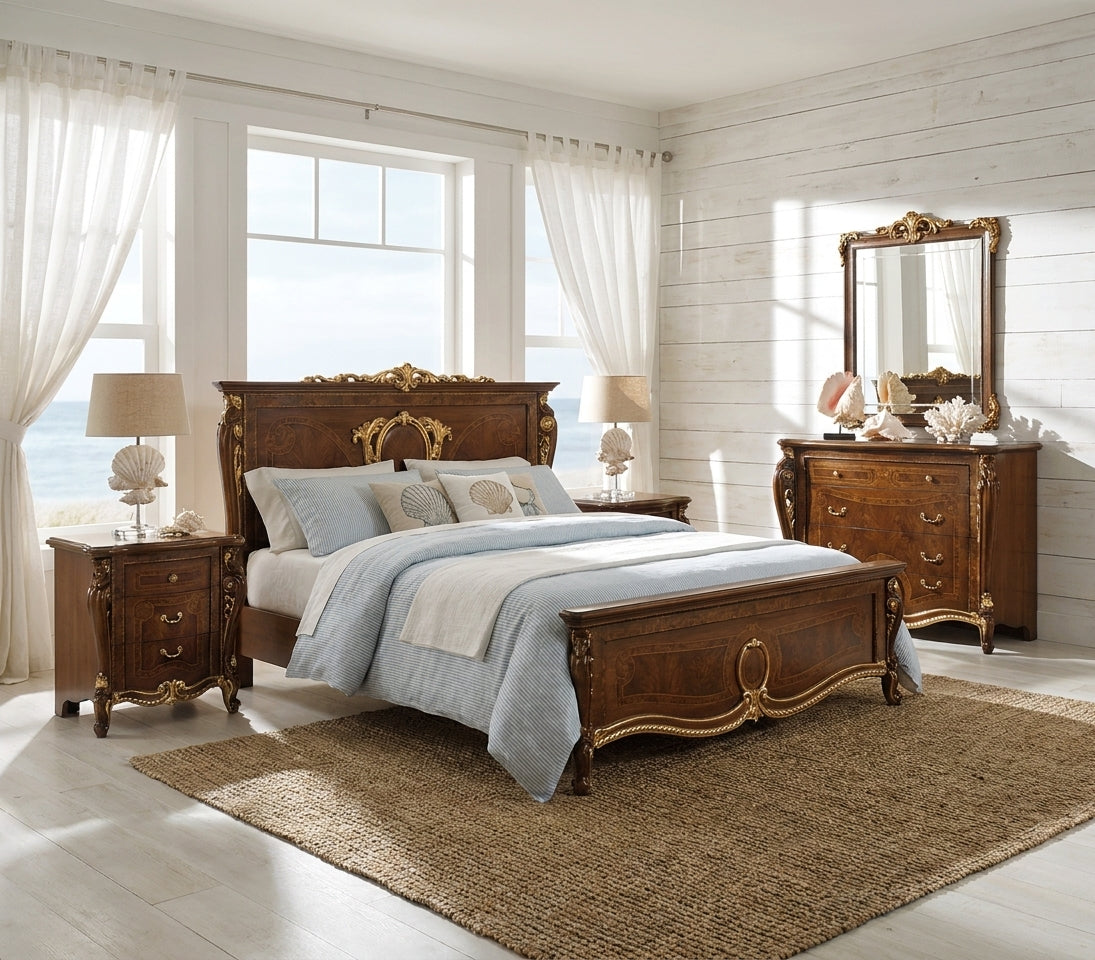 Classic Walnut Queen Bed with Gold Accents and Matching Nightstands