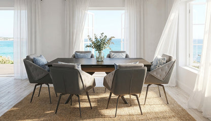 Contemporary Dark Extendable Dining Table with Upholstered Chairs and Metal Legs