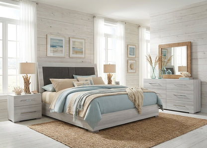 Modern Silver Grey Bedroom Set with Illuminated Upholstered Headboard and Coordinated Storage Pieces