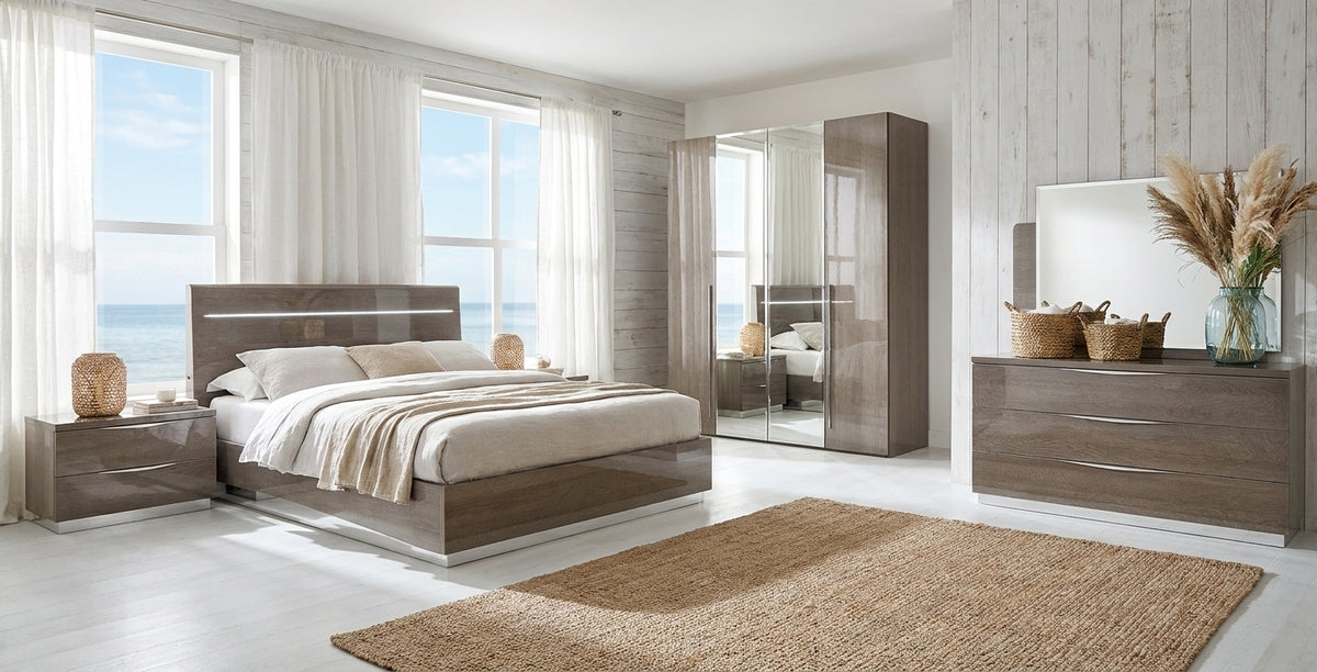 Sleek Silver Birch Bedroom Set with Integrated Headboard Lighting and Mirrored Wardrobe