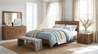 Contemporary Walnut Bedroom Set with Platform Bed and Nightstands