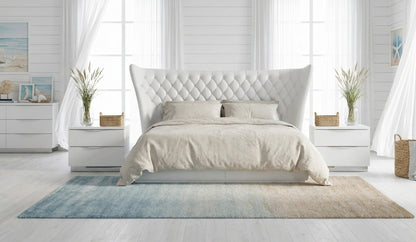 Modern High-Gloss White Bed with Upholstered Headboard and Matching Nightstands