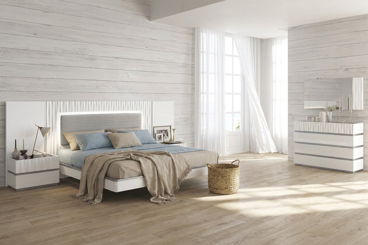 Contemporary White Platform Bedroom Set with Lighted Headboard and Mirrored Dresser