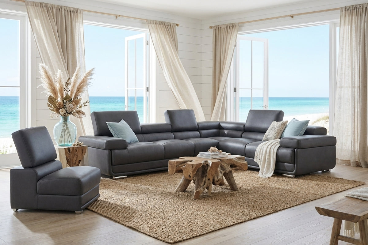 Contemporary Dark Grey Sectional with Adjustable Headrests and Armless Chair