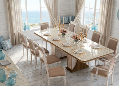 Classic Marble and Gold Dining Table with Extension Leaf and Upholstered Chairs