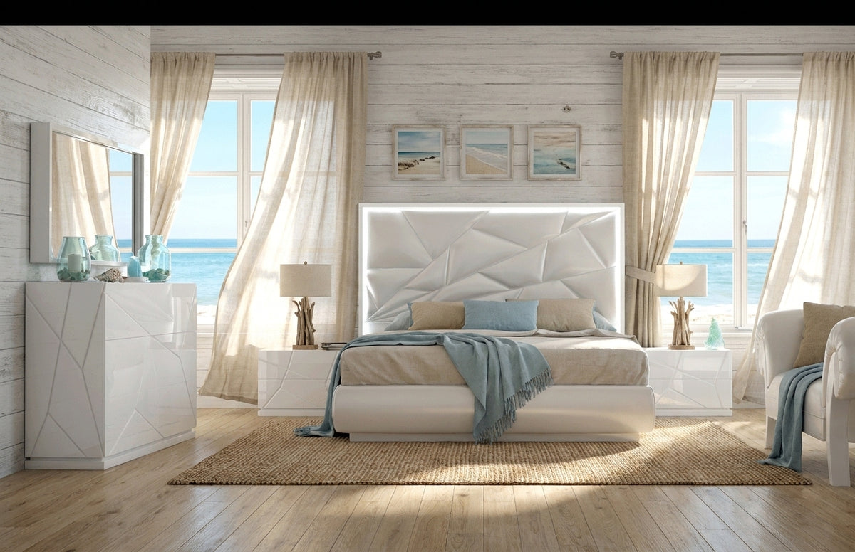 Modern White High-Gloss Bedroom Set with LED Headboard and Dresser Mirror