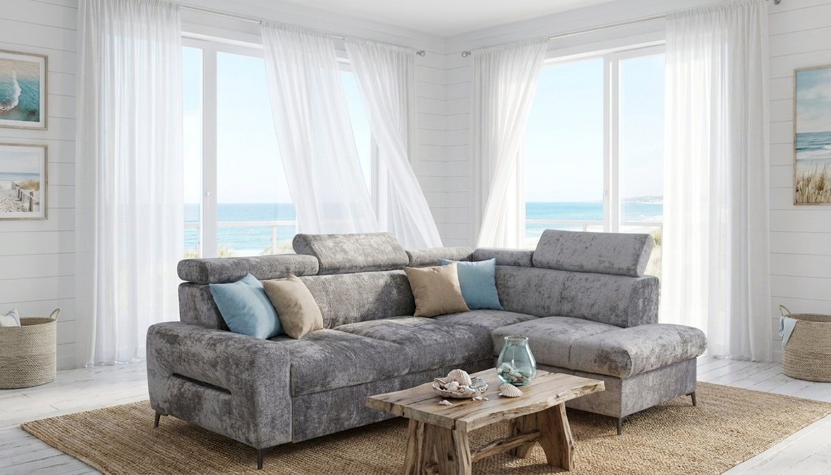 Sleek Grey Sectional Sofa with Pull-Out Bed and Storage Niche