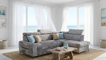 Sleek Grey Sectional Sofa with Pull-Out Bed and Storage Niche