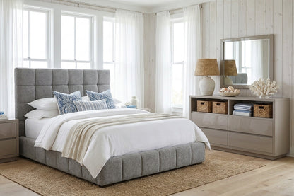 Upholstered Grey Queen Bed with Grid-Tufted Headboard and Matching Dresser Set
