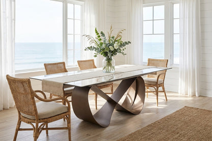Sleek White Marble-Look Dining Table with Extension Leaves and Sculptural Base