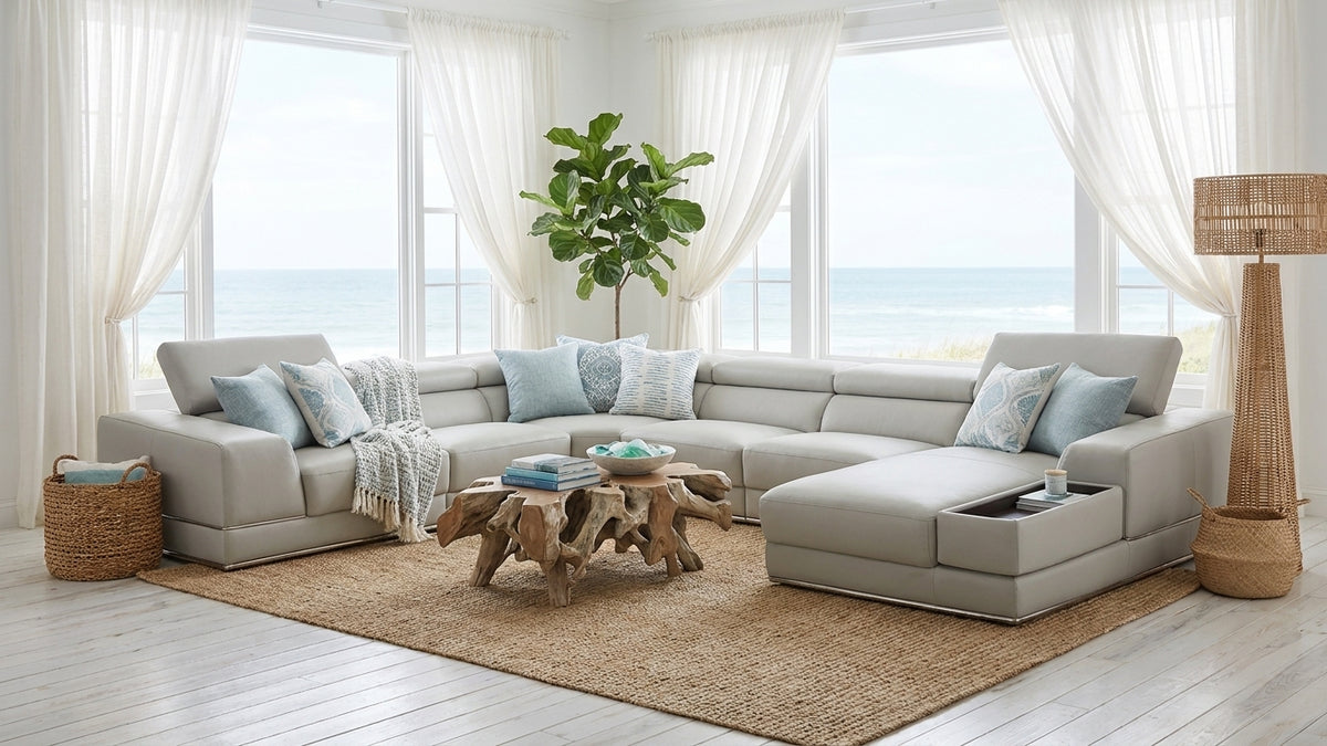 Modern Light Grey Leather Sectional with Adjustable Headrests and Storage Chaise