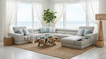 Modern Light Grey Leather Sectional with Adjustable Headrests and Storage Chaise