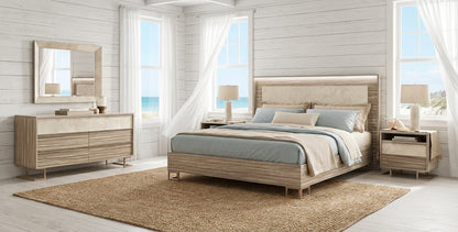 Upholstered Light Wood Queen Bedroom Set with Ambient Lighting and Mirrored Dresser