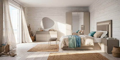 Upholstered Taupe Queen Bedroom Set with Illuminated Headboard and Coordinating Dresser