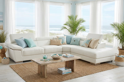 Classic White Sectional with Adjustable Headrests and Chrome Legs
