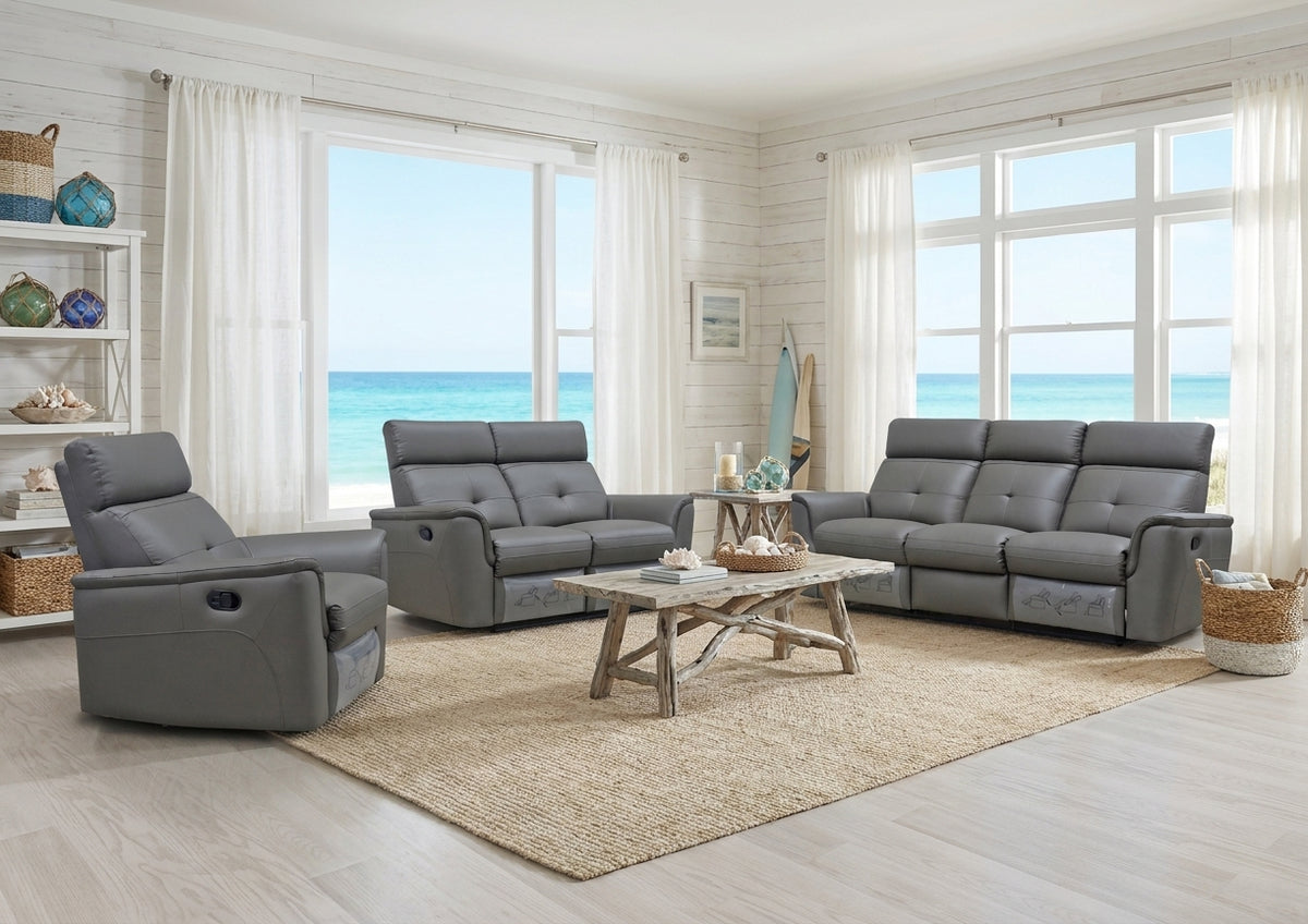 Classic Dark Grey Reclining Living Room Set with Manual Recliners and Italian Leather Upholstery