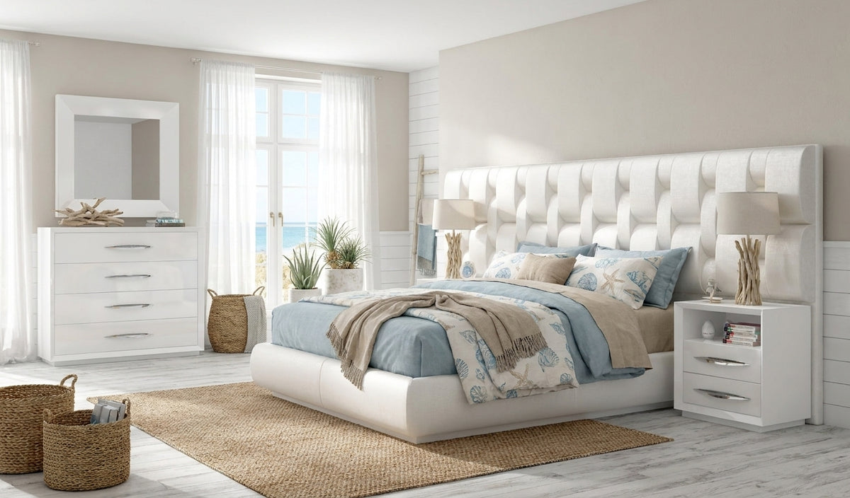 Upholstered White Platform Bed with Matching Nightstands and Dresser