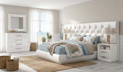 Upholstered White Platform Bed with Matching Nightstands and Dresser