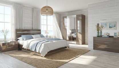 Modern Silver Birch Bed with Integrated Headboard Lighting and Coordinating Dresser