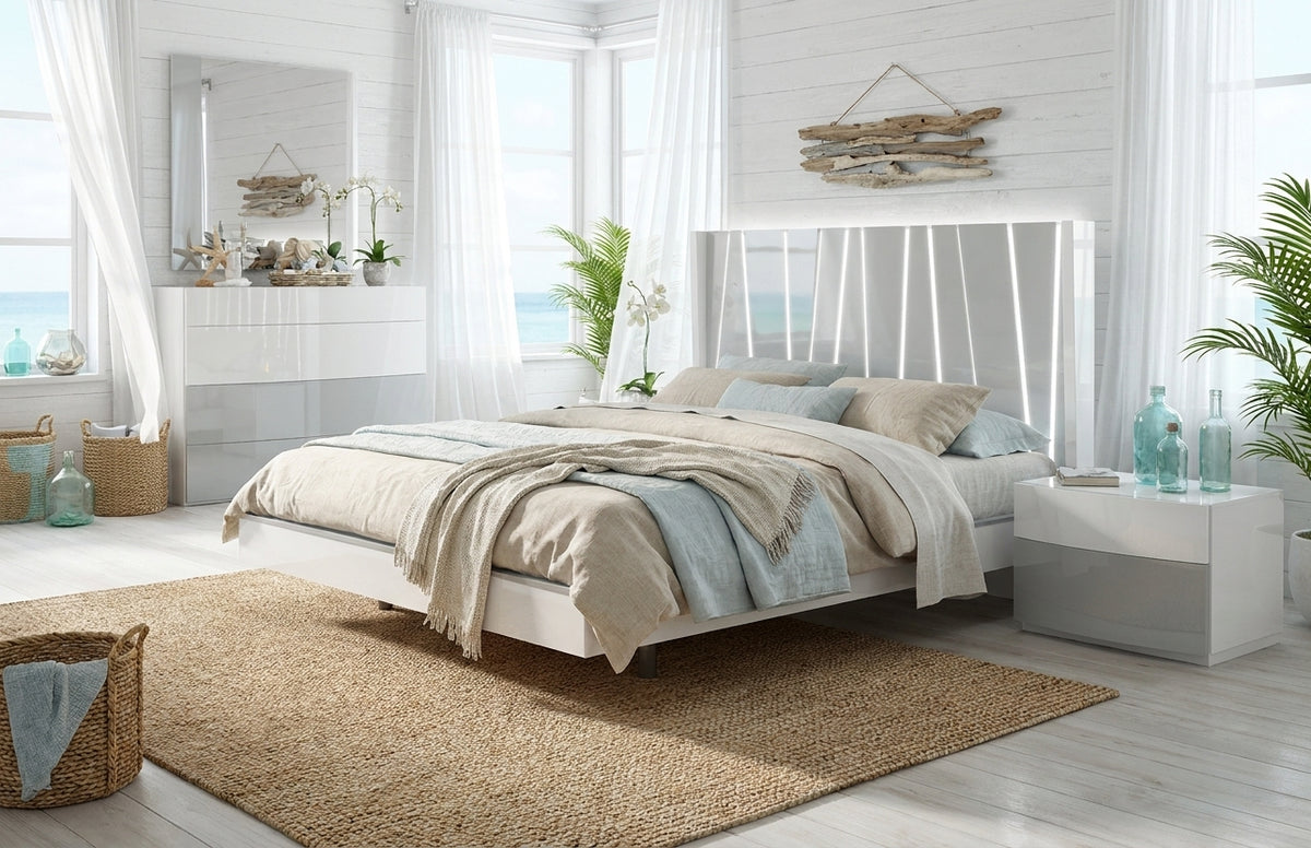 Modern White High-Gloss Queen Bedroom Set with Illuminated Headboard and Mirrored Dresser