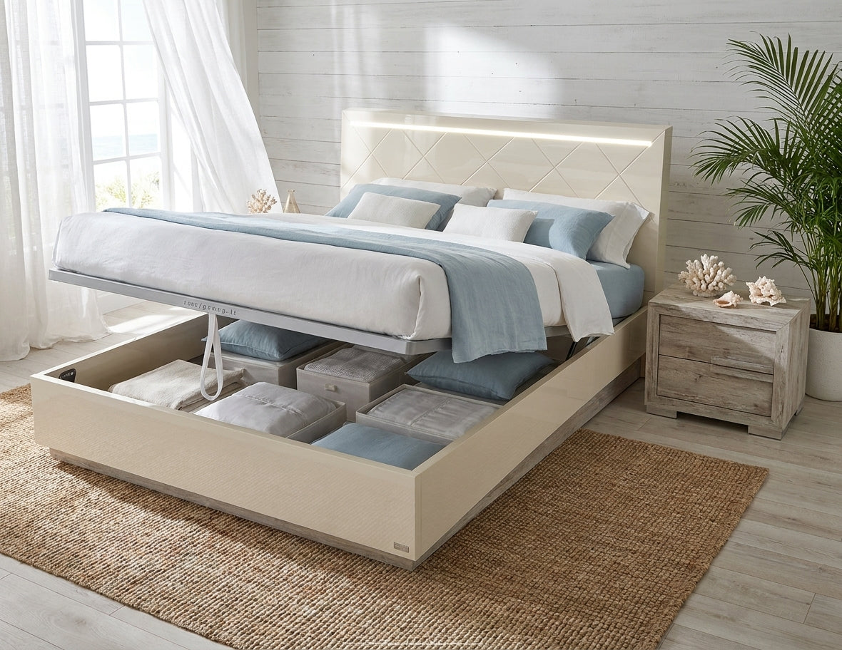 Modern Ivory High-Gloss Queen Bed with Storage Drawer and Integrated Dimmer Lighting