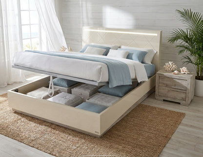 Modern Ivory High-Gloss Queen Bed with Storage Drawer and Integrated Dimmer Lighting