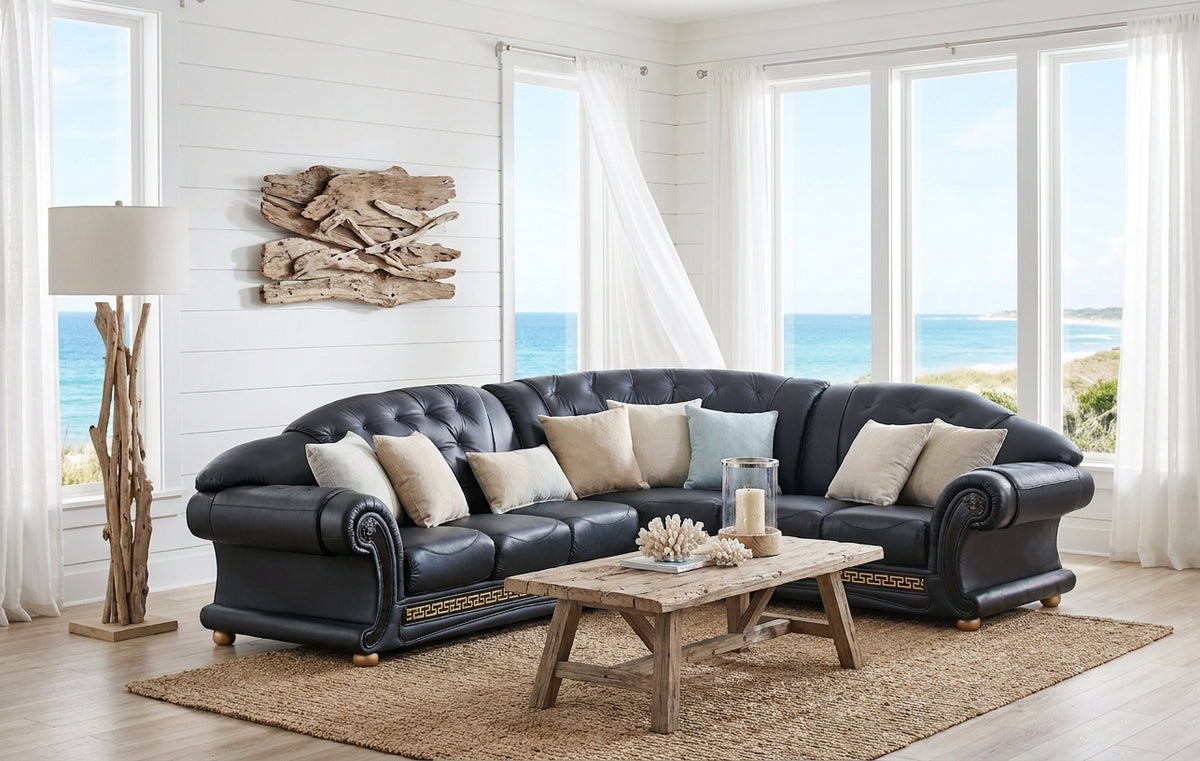 Classic Black Sectional Sofa with Tufted Leather and Medusa Accents