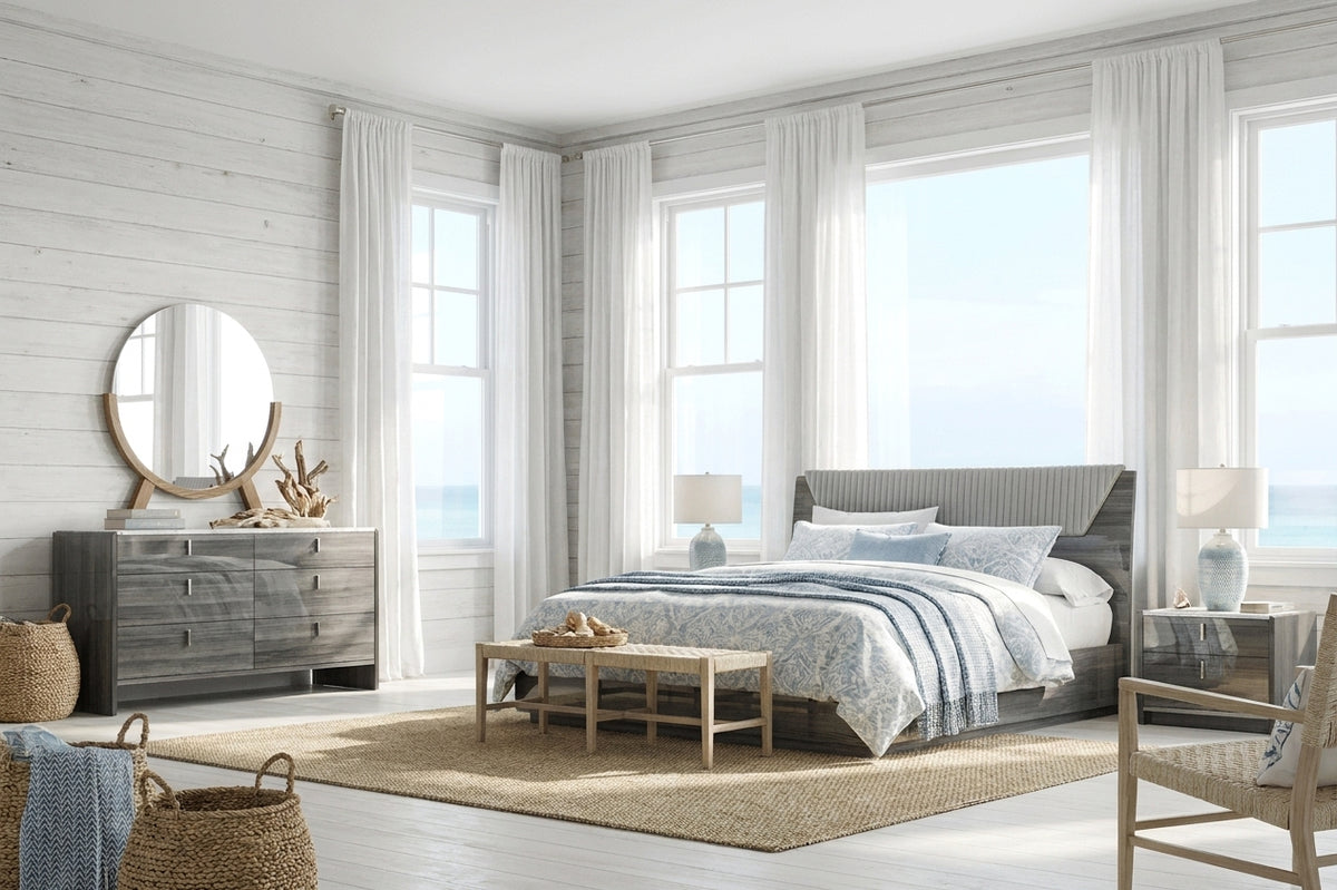 Modern Grey Oak King Bedroom Set with Upholstered Headboard and Marble-Effect Top Nightstands
