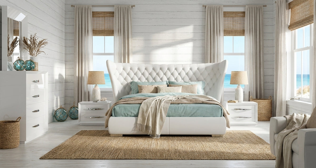 Modern White Queen Bedroom Set with Tufted Upholstered Headboard and High-Gloss Finish